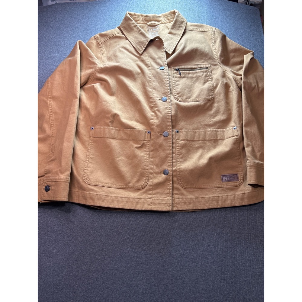LL Bean Adirondack Barn Jacket Womens 1X Plus Flannel Lined Tan Canvas Chore